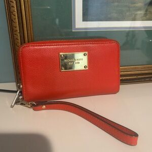Michael Kors Red Leather Wristlet with Gold Plate